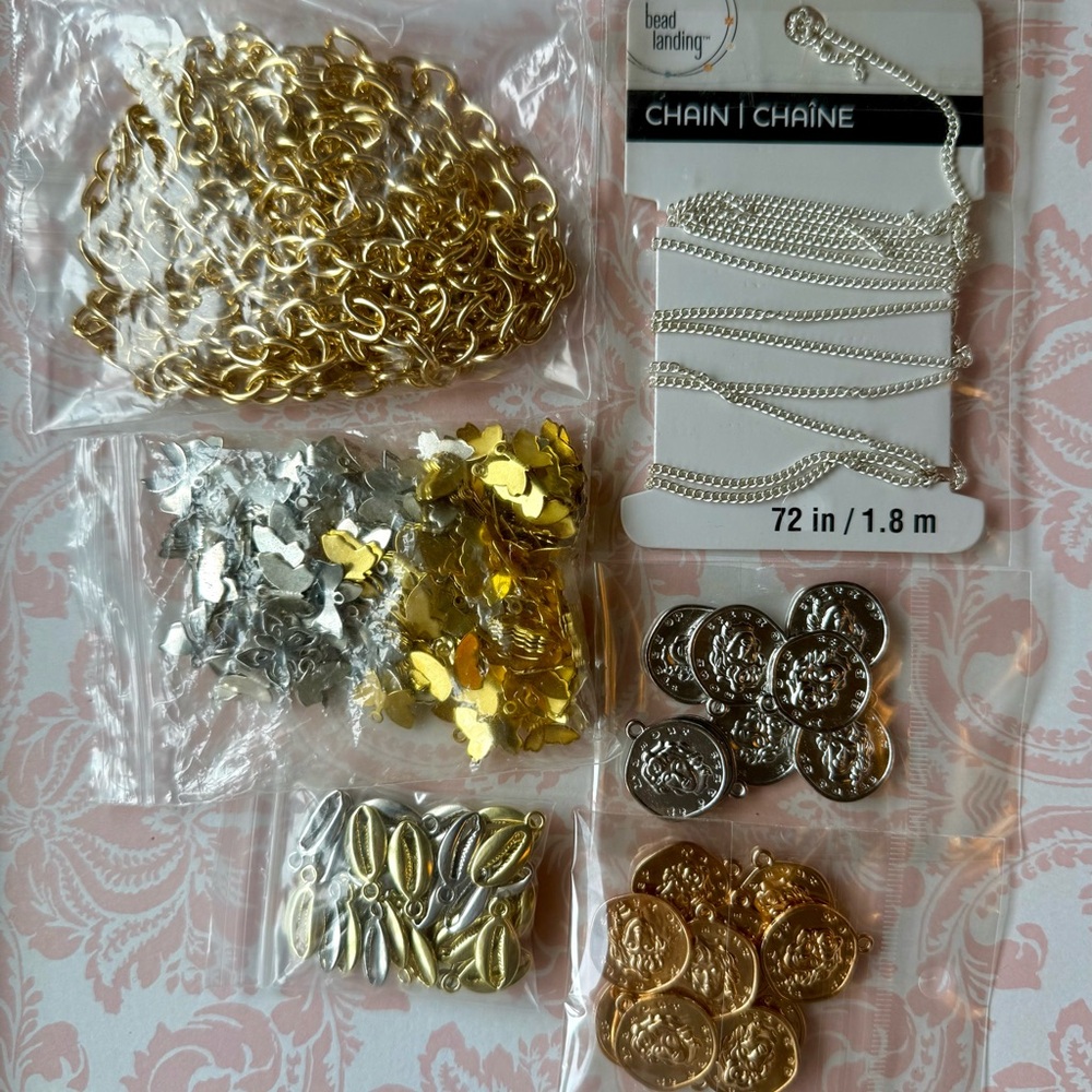 Gold and Silver Crafting Chains and Charms Set